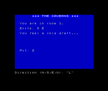 ZX Spectrum The Caverns: a room display with the warning 'You feel a cold draft...' and a Pit debug readout
