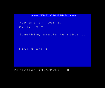 ZX Spectrum The Caverns: a room display showing 'Something smells terrible...' with a Pit and Cr debug readout