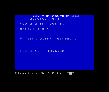 ZX Spectrum The Caverns: a room showing 'A faint glint nearby...' and a Treasures 1/3 counter