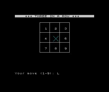 ZX Spectrum Three in a Row: the grid with a cyan X cross drawn at the centre square