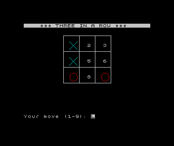 ZX Spectrum Three in a Row: a graphical 3x3 grid with cyan X crosses and red O noughts mid-game against the computer
