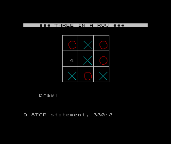 ZX Spectrum Three in a Row: a board filled with crosses and noughts and the message Draw!