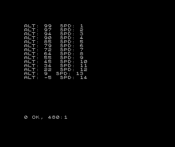 Black ZX Spectrum screen listing ALT and SPD as the lander accelerates downward to ALT -5