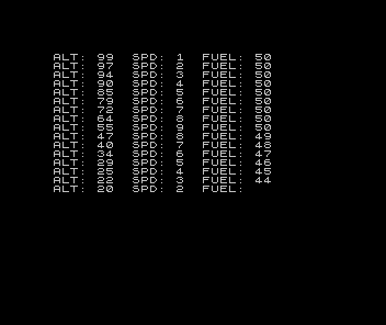 ALT/SPD/FUEL telemetry: the speed rises, then dips and falls while fuel counts down during a thrust burn