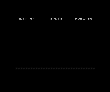 ZX Spectrum Touchdown dashboard: ALT, SPD and FUEL pinned along the top, a line of equals signs marking the ground at the bottom
