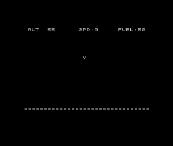ZX Spectrum Touchdown: a 'V' lander part-way down the screen with the dashboard above and ground below