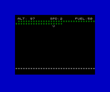 ZX Spectrum Touchdown with a blue border, a green fuel bar of asterisks across the top, the dashboard, and the lander descending