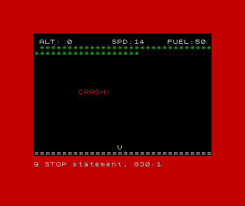 ZX Spectrum Touchdown crash screen: a red border, the lander at the ground, and CRASH! in red after coming in at speed 14