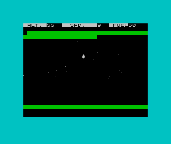 ZX Spectrum Touchdown: a custom lander ship descending through a starfield toward green ground, an inverse instrument bar at the top