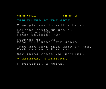 Five travellers offer to join for 30 grain. The screen shows 737 grain now, 707 after welcoming them and a total food requirement of 213.