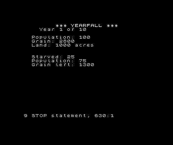 Year-1 result after feeding 1500 grain: 'Starved: 25', 'Population: 75', 'Grain left: 1300'