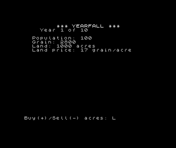 Yearfall showing 'Land price: 17 grain/acre' and a Buy/Sell prompt beneath the kingdom's numbers