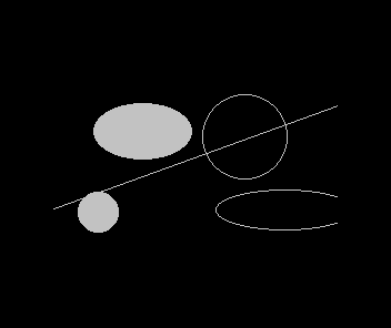 Native Spectrum 48K output with filled and outlined ellipses, a circle, and a clipped diagonal line