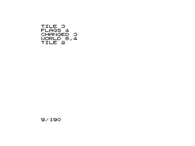 ZX80 BASIC prints tile 3, flags 4, changed tile 3, world cell 6 comma 4 and tile 2.