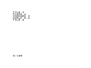 ZX81 BASIC prints tile 3, flags 4, changed tile 3, world cell 6 comma 4 and tile 2.