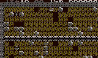 The opening Atari cave shows its jewel target and timer above a field of dirt, rocks and diamonds