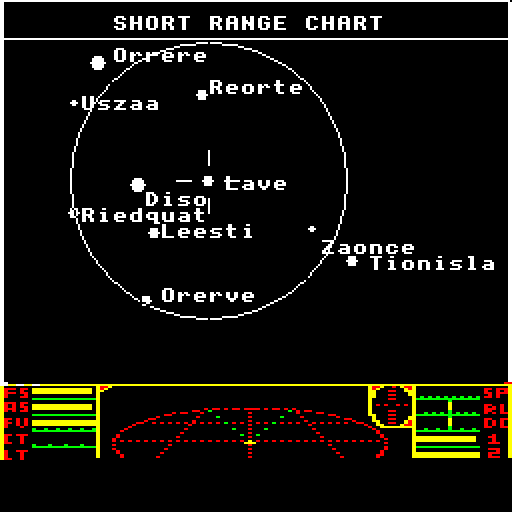 The short-range chart centres on Lave, with named nearby systems and a circular range boundary.