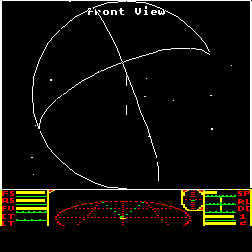 The front view shows a large wireframe planet, a central sight and coloured ship instruments below.