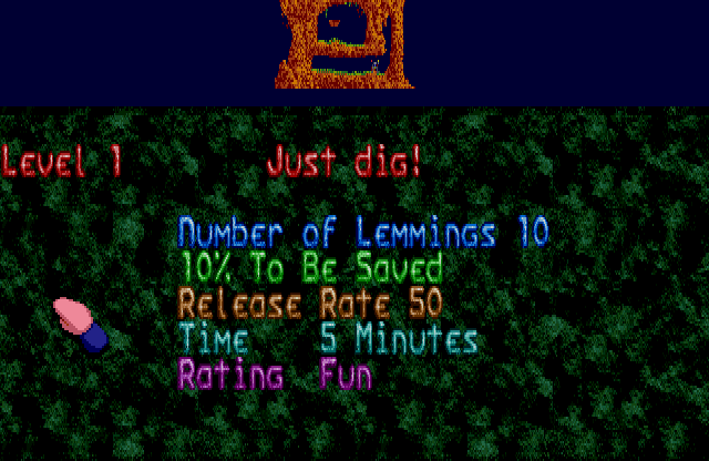 The Just Dig briefing lists ten lemmings, 10 percent to be saved, release rate 50 and five minutes