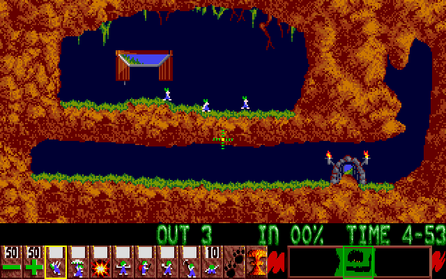 Three lemmings walk on the upper platform beneath the trapdoor, with the exit in the passage below and ten diggers available