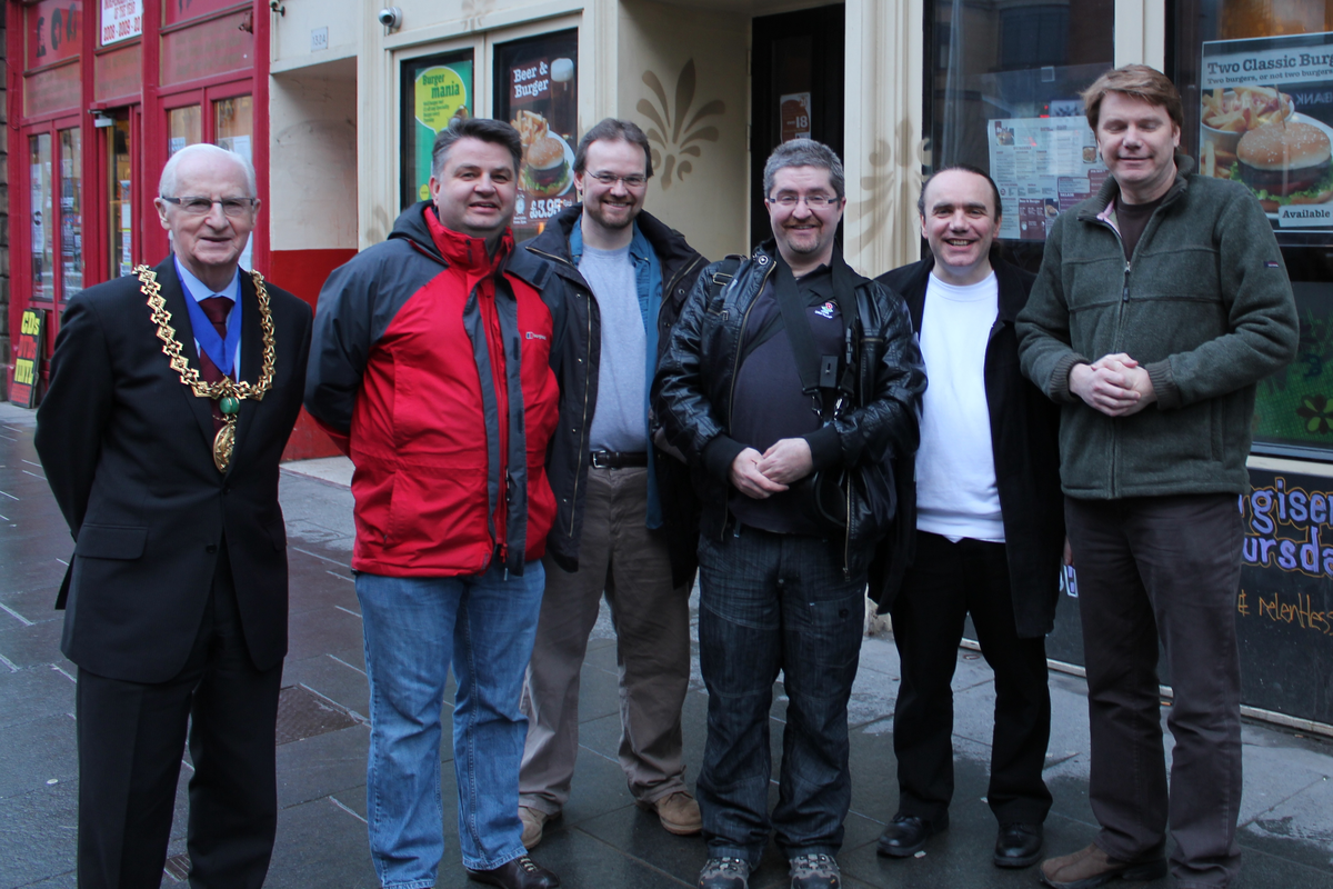 John Letford, Russell Kay, Mike Dailly, Steve Hammond, Gary Timmons and Dave Jones standing together at the Lemmings anniversary event