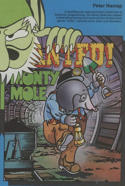 Detail of Gremlin’s launch advertisement, with Peter Harrap’s name above the Wanted Monty Mole title and a cartoon miner mole