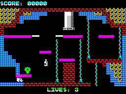 A mine room with cyan ropes, magenta ledges, coloured brickwork and a crusher above the platforms.