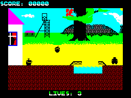 The surface screen: bucket on the left, interrupted bridge below the tree, and Monty on the right.