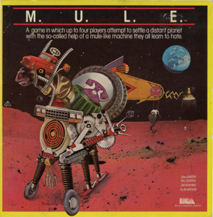 A small reproduction of the original M.U.L.E. front package shows the robot in its painted alien landscape