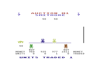 The C64 auction displays asks of 50, one unit traded and the purple seller’s cash increased to 977
