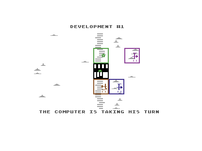 Four differently coloured settlers work plots around the town during the first C64 development round