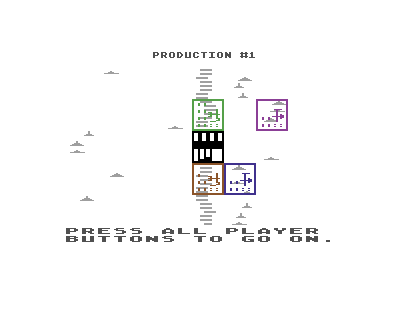 The C64 colony map displays Production number 1 with output markers over the settlers’ plots