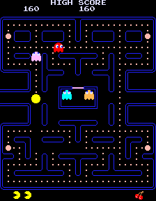 Pac-Man has moved into the left side of the maze, leaving cleared dots behind while the ghosts spread out