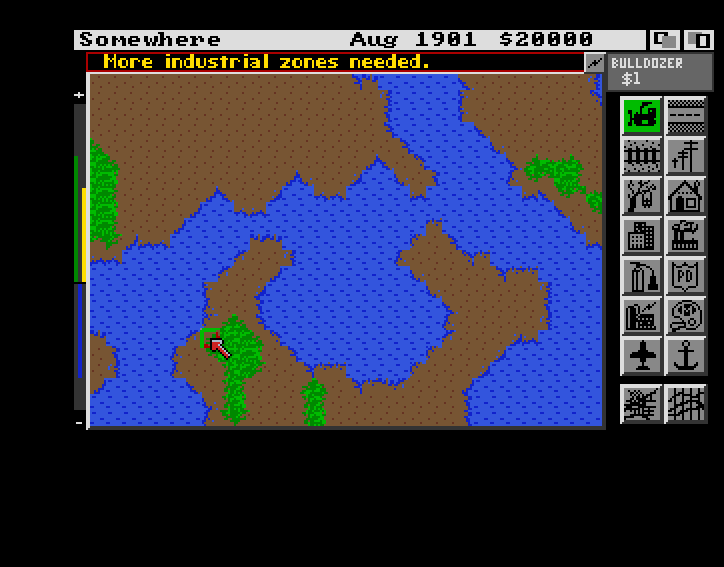 A mostly empty SimCity map with land and a river, a tool palette and twenty thousand dollars