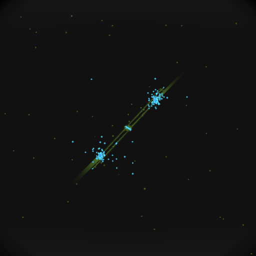Both ships have broken into bright clusters of points, one above and one below the central star, after their exchange of fire.