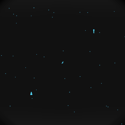 The opening display of Spacewar 3.1: the narrow Needle ship is at the upper right, the broader Wedge is at the lower left, and the gravitational star is in the centre.