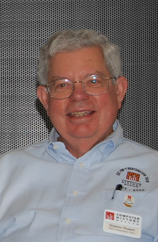 Steve Russell at the Computer History Museum in 2011, wearing a PDP-1 restoration team badge