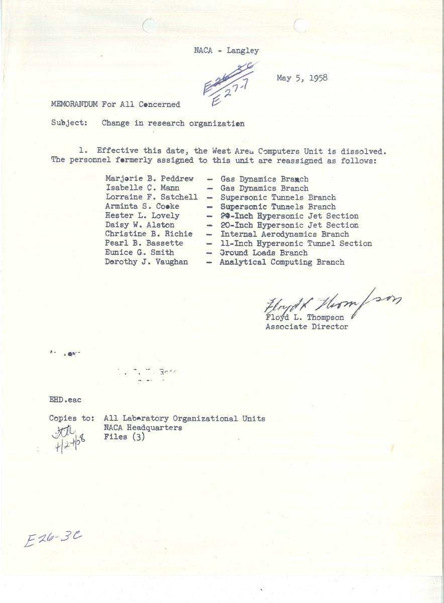 NACA Langley memo dated 5 May 1958 dissolving the West Area Computers Unit and listing ten women with their new branches; Dorothy Vaughan is assigned to the Analytical Computing Branch
