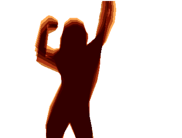 A dark red dancer silhouette with one arm raised and overlapping orange outlines against white.