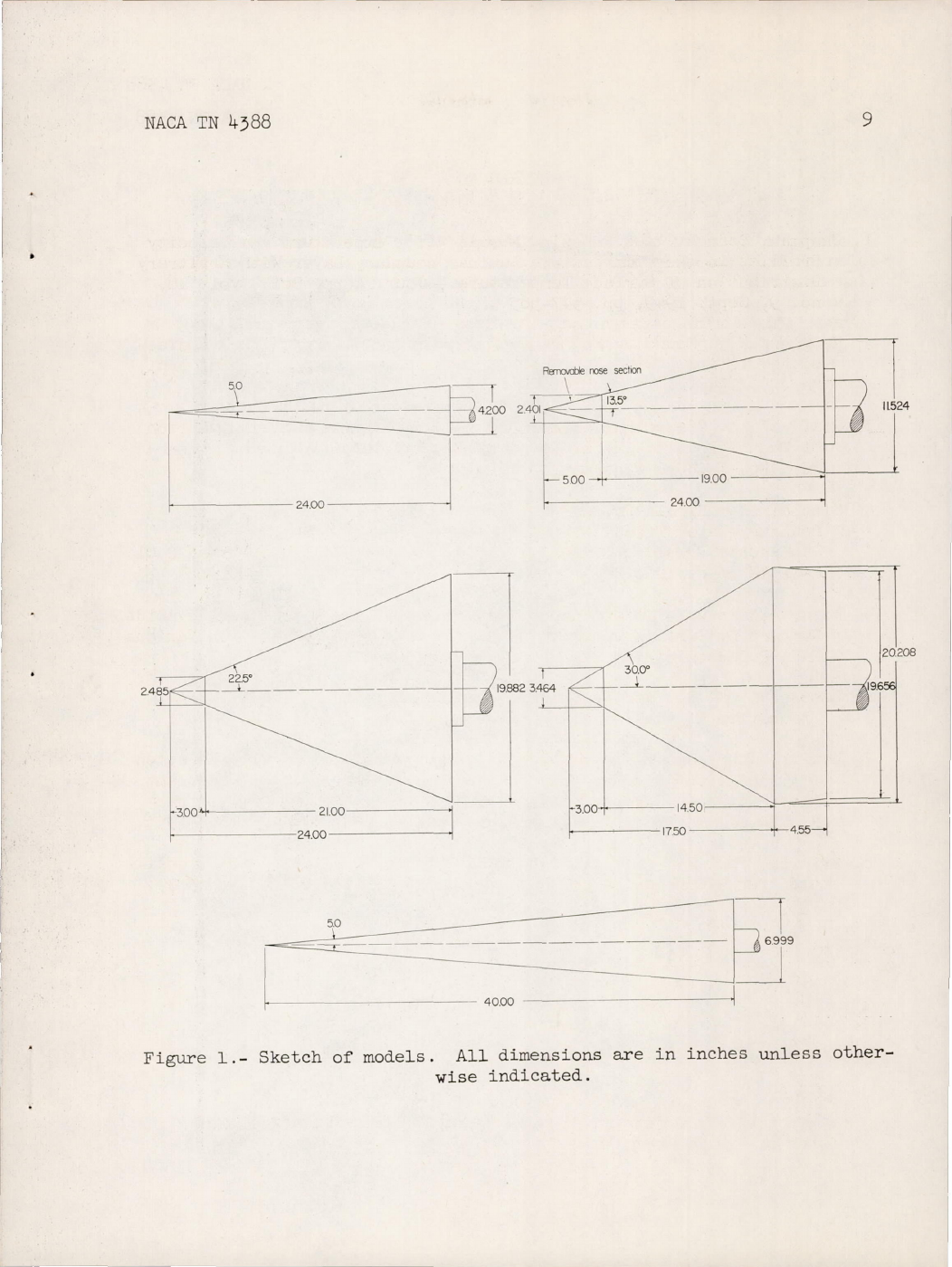 Figure 1 from NACA TN 4388: dimensioned drawings of five experimental cones with different nose shapes and lengths