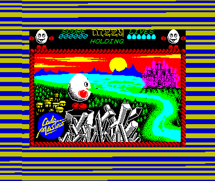 A ZX Spectrum load in progress: a full-colour illustration of an egg-shaped character in a landscape fills the screen, still framed by the blue and yellow striped loading border.