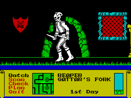 A Dark Sceptre screen: a large white skeletal warrior, about a third of the screen tall, standing in front of a green vine arch which is interrupted by black around his outline.