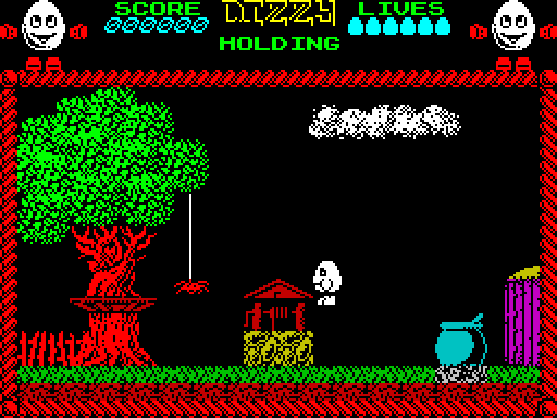 A Spectrum platform screen: a green tree, a red hut on a yellow haystack, green grass, and a white sprite in mid-air clear of the scenery, drawn entirely in white.