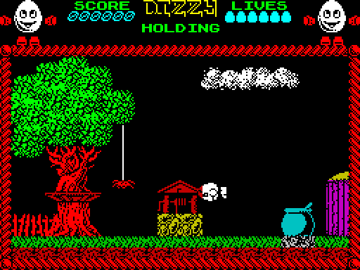 The same screen six frames later: the sprite has drifted left to the edge of the red hut, and the part of it overlapping the hut's roof post is drawn in the hut's red rather than white.