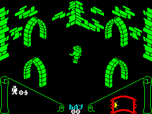 A Knight Lore room: isometric stone arches and a standing figure, every part of the playfield drawn in the same green ink on black.