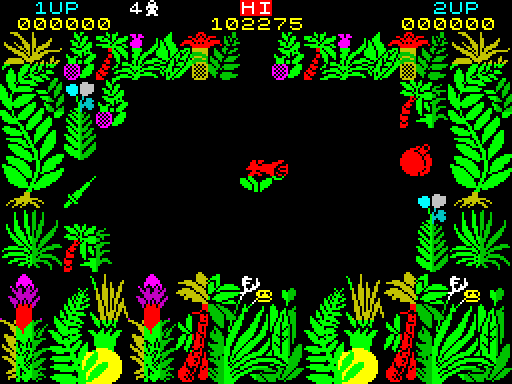 A Sabre Wulf screen: a dense border of multicoloured jungle foliage surrounding a completely black central arena.
