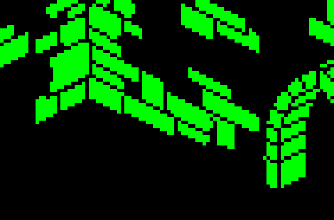 A magnified corner of a Knight Lore room: two stone walls meeting, their block edges receding as a staircase of pixels that steps two across for every one down.