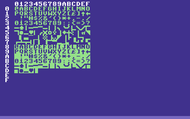 A 16 by 16 grid of every C64 screen code, drawn on a Commodore 64 screen, with hexadecimal row and column labels 0 to F along the top and left.